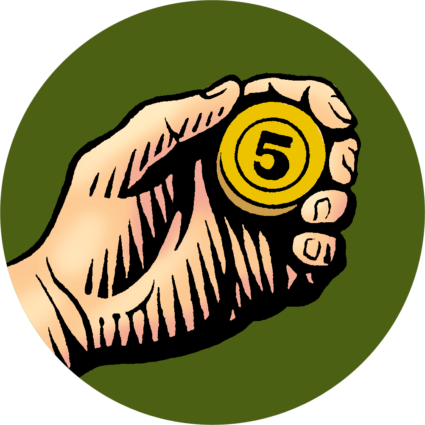 Woodcut illustration of a hand holding a farmers market token