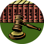 Woodcut illustration of a gavel and lawbooks