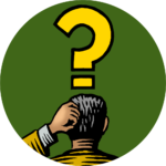Woodcut illustration of a question mark above a man scratching his head, impying a FAQ page