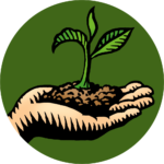 Woodcut illustration of a seedling in the palm of a hand