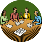 Woodcut illustration of four people meeting at a table