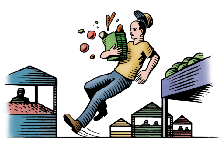 Woodcut illustration of a man slipping at a farmers market, bag of vegetables flying.