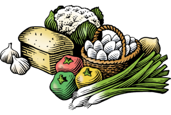 Woodcut style illustration of an assortment of vegetables, a basket of eggs, and a loaf of bread.