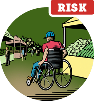 Woodcut illustration of a person in a wheelchair at a farmers market