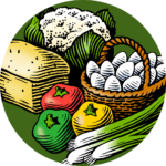 Woodcut illustration of vegetables, bread, eggs